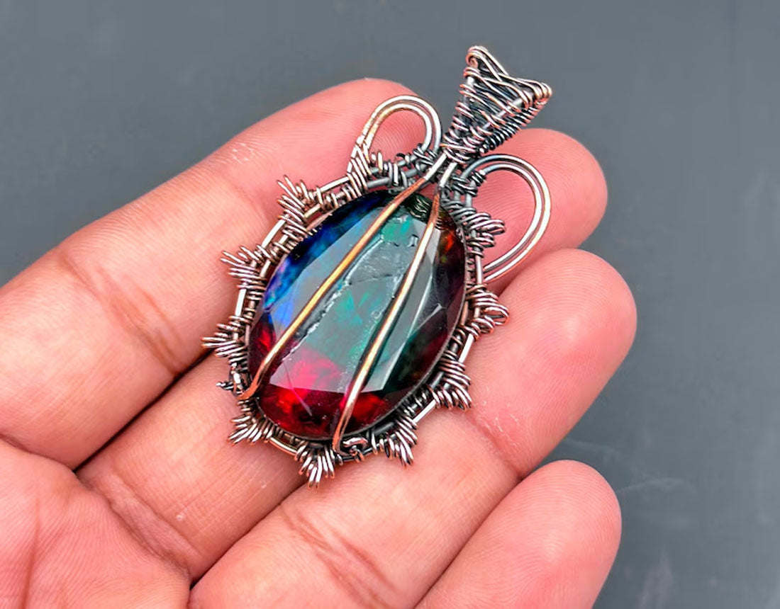 Handmade Brass Wire Wrapped Pendant Oval Shape 25To30MM Lacerated Quartz Stone Pendant For Anniversary Gift for Wife Jewelry