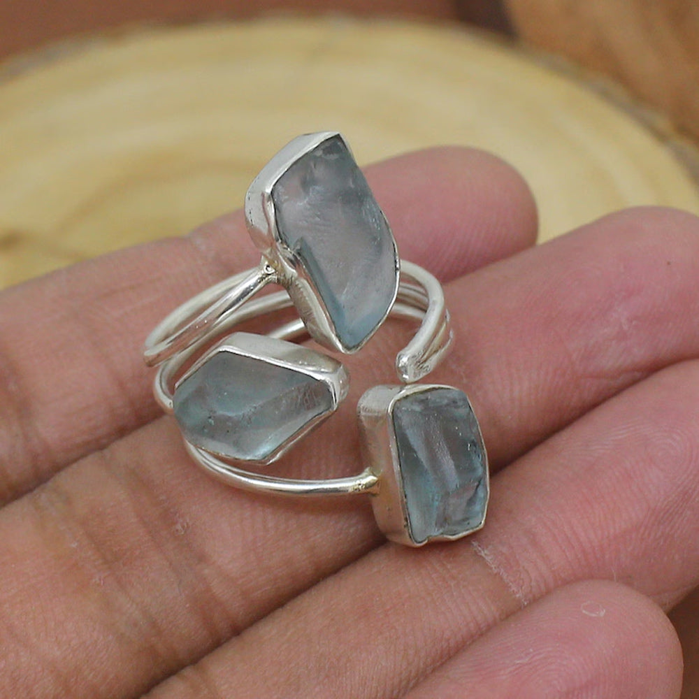 925 Sterling Silver Gold Plated Gemstone Rings Three Stone Ring 8X12MM Handmade Aquamarine Stone Raw Shape Bezel Set Ring For Her Jewelry