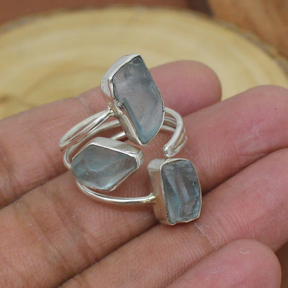925 Sterling Silver Gold Plated Gemstone Rings Three Stone Ring 8X12MM Handmade Aquamarine Stone Raw Shape Bezel Set Ring For Her Jewelry