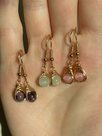 Handmade Metal Wire Wrapped Dangle Pair Earrings Mix Gemstone Stone Size 8To10MM Round Shape Wire Wrapped Setting Earring Foe Women's Gift Jewelry