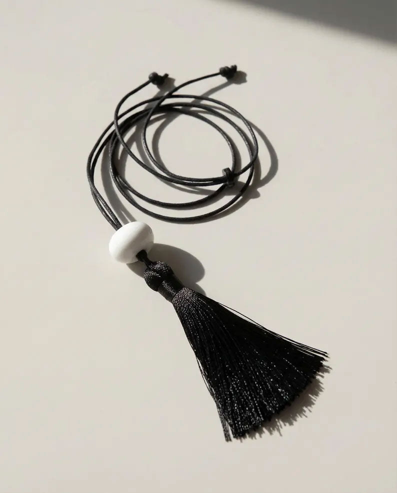 Black Tassel Necklace with White Bead | Handmade Jewelry