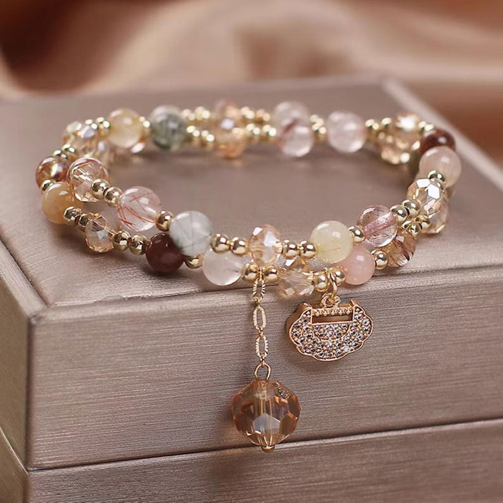 Handmade Brass Bracelet with Rutile Quartz & Pink Chalcedony | 8MM