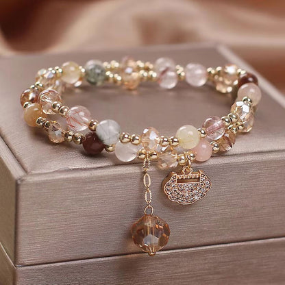Handmade Brass Bracelet with Rutile Quartz & Pink Chalcedony | 8MM