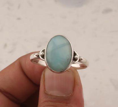 Handmade Sterling Silver Rings 10X12MM Oval Shaped Larimar Gemstone Bezel Setting For Anniversary Gift Women or Men Jewelry For Her