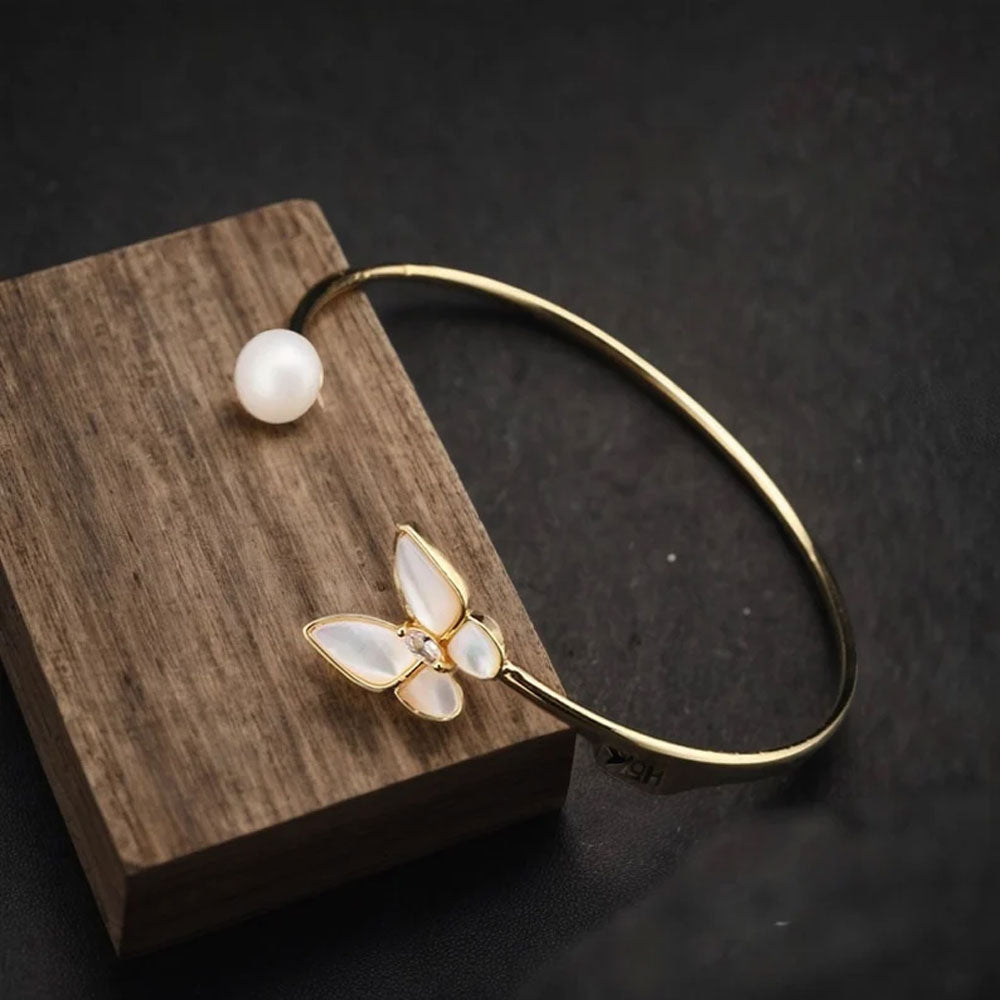 Adjustable Handmade Wire Wrapped Brass Bangle Size 5To12MM Round Shape Pearl Gemstone Bezel Set Bangle For Happy Birthday Gift For Women