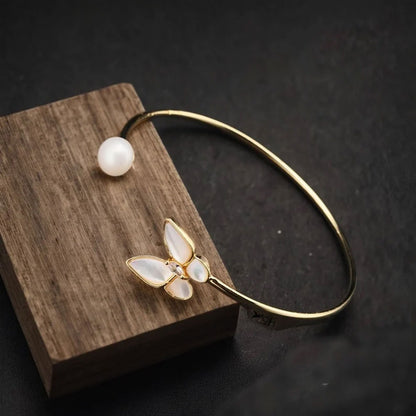 Adjustable Handmade Wire Wrapped Brass Bangle Size 5To12MM Round Shape Pearl Gemstone Bezel Set Bangle For Happy Birthday Gift For Women