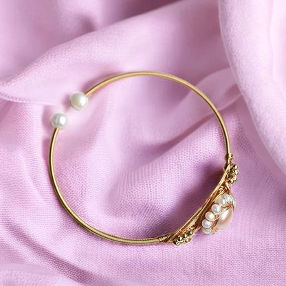 Adjustable Handmade Wire Wrapped Brass Bangle Size 12MM Round Shape Chinese White Pearl Gemstone Bezel Set Bangle For Happy Birthday Gift For Women