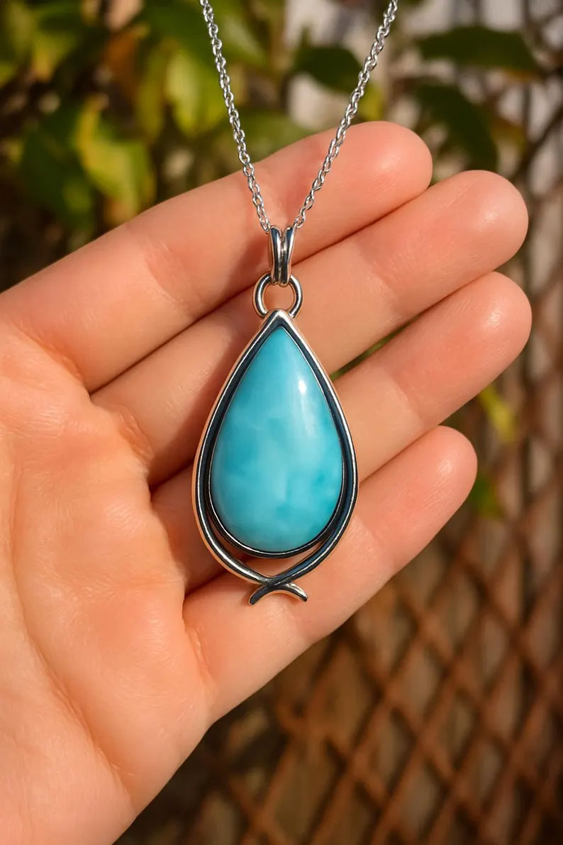 Natural Larimar Gemstone Brass Necklace Pear Shape