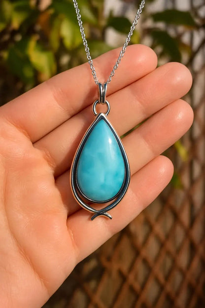 Natural Larimar Gemstone Brass Necklace Pear Shape