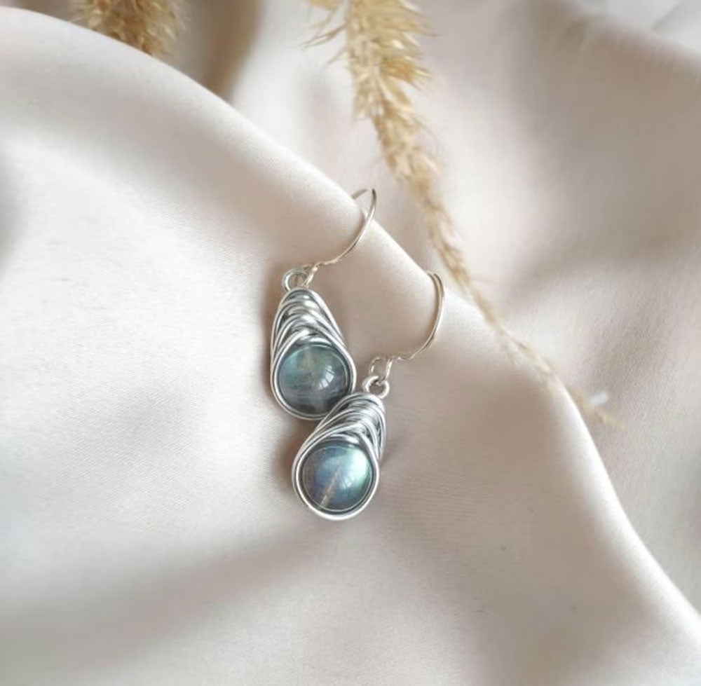Handmade Metal Wire Wrapped Dangle Pair Earrings Labradorite Gemstone Stone Size 10MM Round Shape Wire Wrapped Setting Earring Foe Women's Gift Jewelry