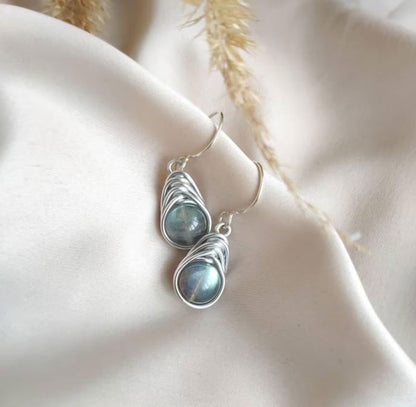 Handmade Metal Wire Wrapped Dangle Pair Earrings Labradorite Gemstone Stone Size 10MM Round Shape Wire Wrapped Setting Earring Foe Women's Gift Jewelry
