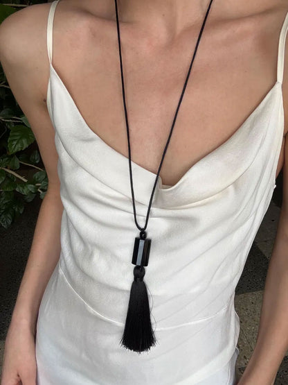 Black Tassel Necklace with Square Bead | Handmade Jewelry