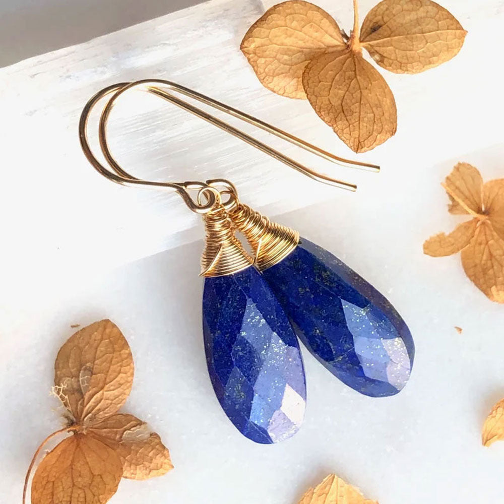 Lapis Lazuli Gold Plated Wire Wrapped Drop Earrings | Handmade