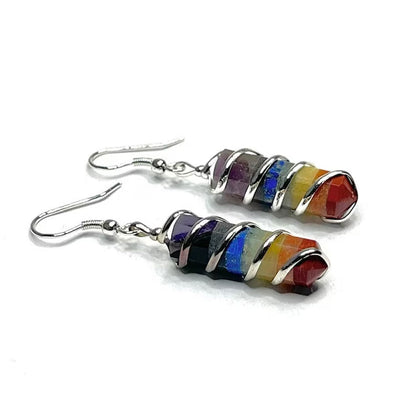 Handmade Metal Wire Wrapped Dangle Pair Earrings Seven Chakra Gemstone Stone Size 15To20MM Pencil Shape Wire Wrapped Setting Earring Foe Women's Gift Jewelry