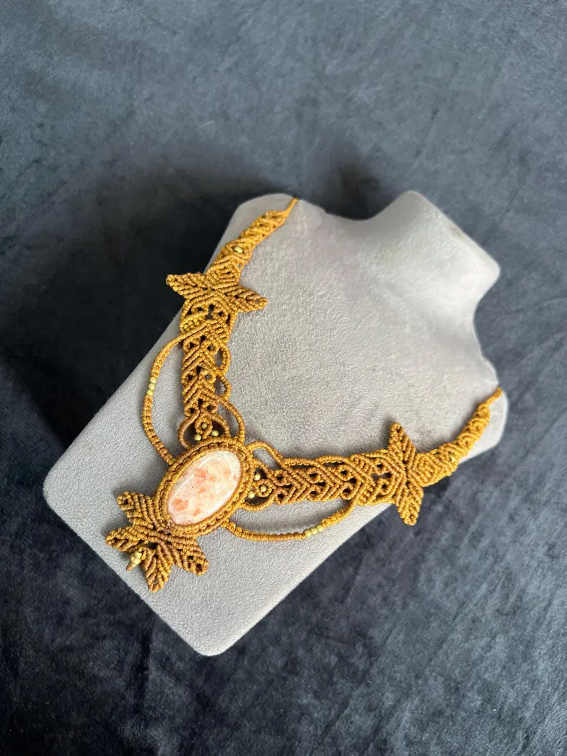 Boho Macrame Statement Necklace | Hand-Woven Stone Pendant