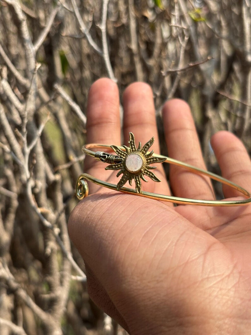 Vintage Gold Sunburst Cuff - Celestial Moonstone Bangle