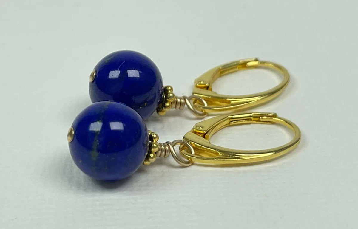 Lapis Lazuli Beaded Gold Plated Hook Earrings | Handmade