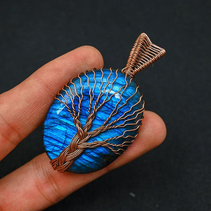 2025 Trendy Handmade Copper Bezel With Tree Wire Wrapped Pendant Oval Shape 25To30MM Labradorite Gemstone Pendant For Happy Birthday Gift's