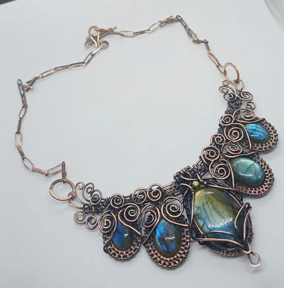 Handmade Wire Wrapped Brass Necklace Stone Size 15To30MM Pear Shape Labradorite Bezel Set Necklace For Happy Birthday Gift For Women