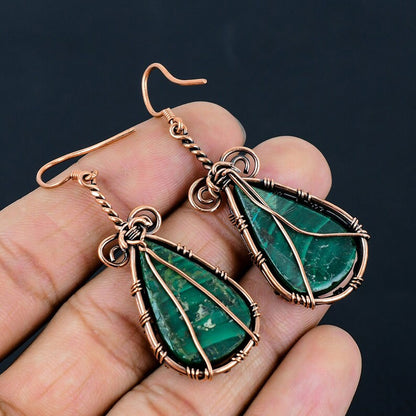Handmade Metal Wire Wrapped Dangle Pair Earrings Malachite Gemstone Stone Size 20MM Pear Shape Wire Wrapped Setting Earring Foe Women's Gift Jewelry