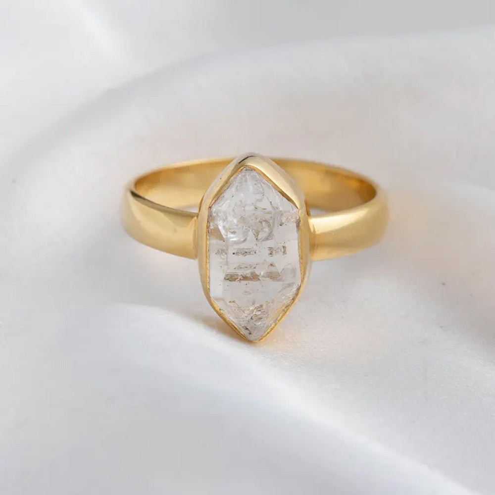 Trendy 925 Sterling Silver Gold Plated Gems Rings 8To10MM Handmade Herkimer Raw Stone Raw Shape Bezel Set Ring For Her Jewelry