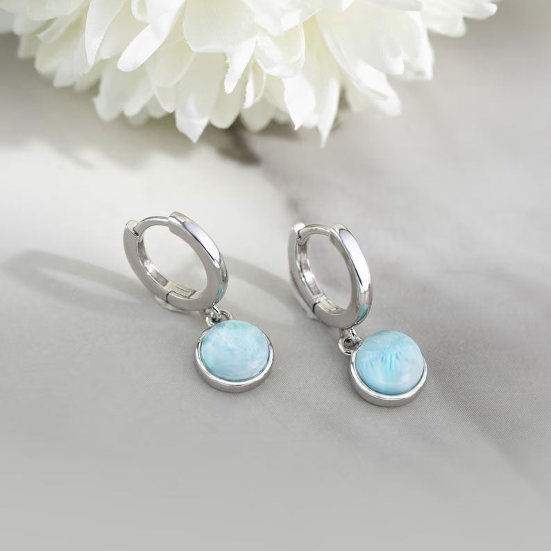 2025 Trendy Crafted By Hand Sterling Silver Pair Earring 10MM Round Shaped Larimar Gemstone Bezel Setting For Anniversary Gift Women or Men Jewelry For Her