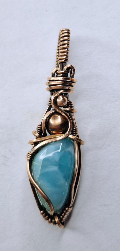 Larimar Gemstone Copper Wire Wrapped Pendant Handmade
