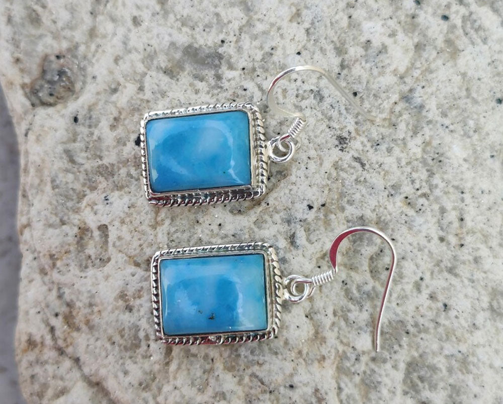 2025 Trendy Crafted By Hand Sterling Silver Pair Earring 8X10MM Rectangle Shaped Larimar Gemstone Bezel Setting For Anniversary Gift Women or Men Jewelry For Her