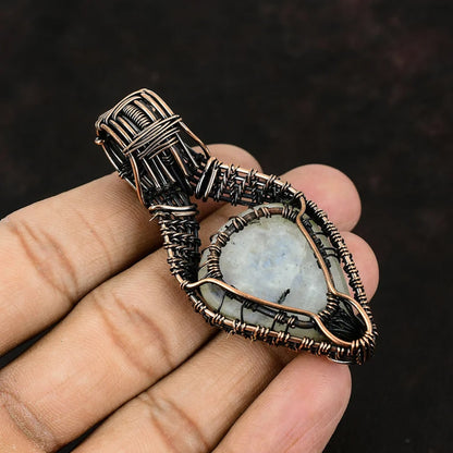Handmade Copper/Brass Bezel With Tree Wire Wrapped Pendant Pear Shape 25To30MM Rainbow Moonstone Pendant For Happy Birthday Gift's