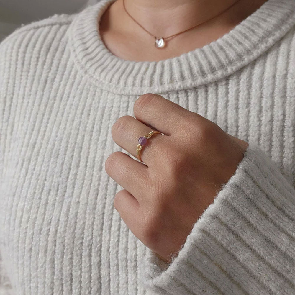 Gold Wire-Wrapped Amethyst Bead Ring - Dainty Jewelry