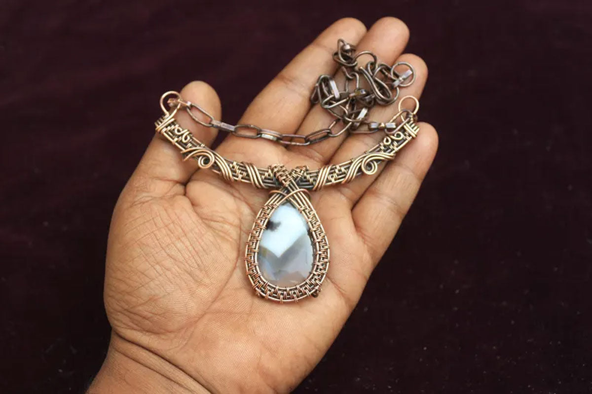 Handmade Wire Wrapped Brass Necklace Stone Size 25To30MM Pear Shape White Onyx Stone Bezel Set Necklace For Happy Birthday Gift For Women