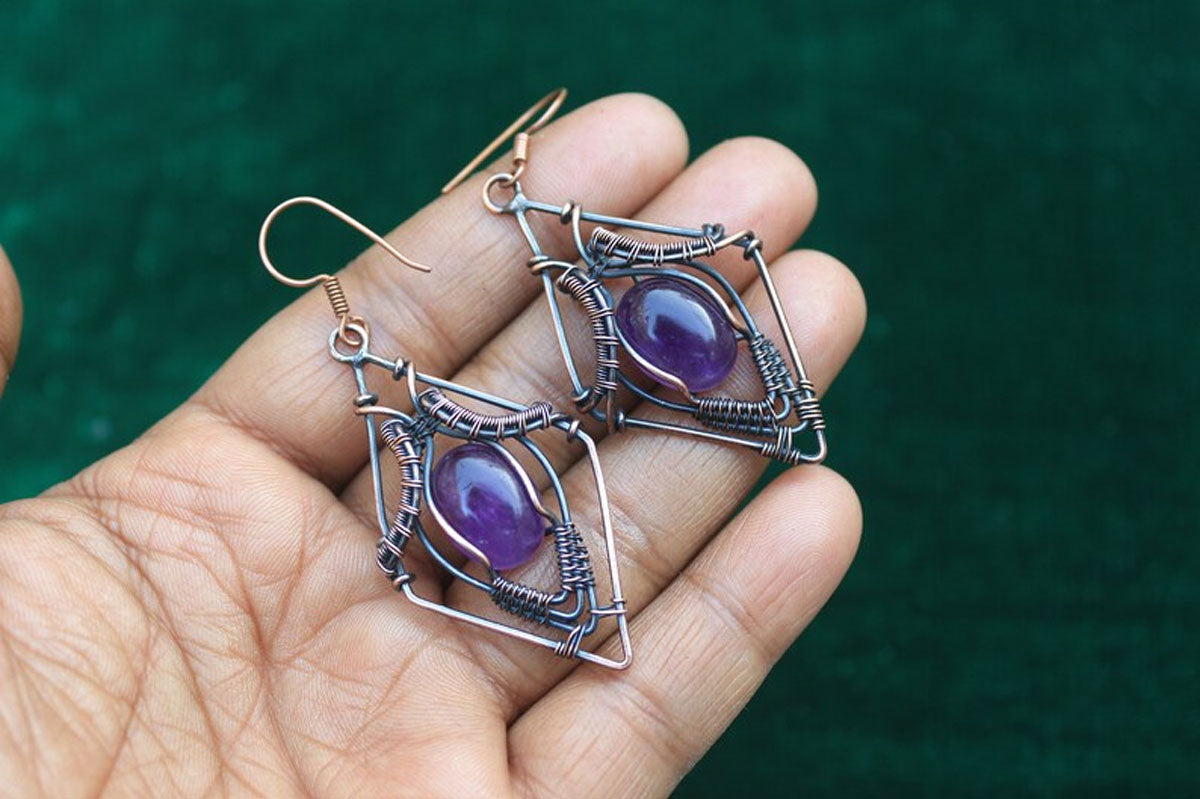 Handmade Metal Wire Wrapped Dangle Pair Earrings Amethyst Gemstone Stone Size 8To10MM Oval Shape Wire Wrapped Setting Earring Foe Women's Gift Jewelry