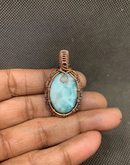 Natural Larimar Gemstone Handmade Copper Pendant