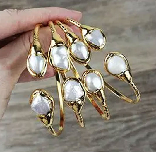 2025 Trendy 925 Sterling Silver Gold Plated Adjustable Bangles 10To12mm Any Shape White Pearl Gemstone Bezel Setting For Anniversary Gift's Women or Men Jewelry For Her
