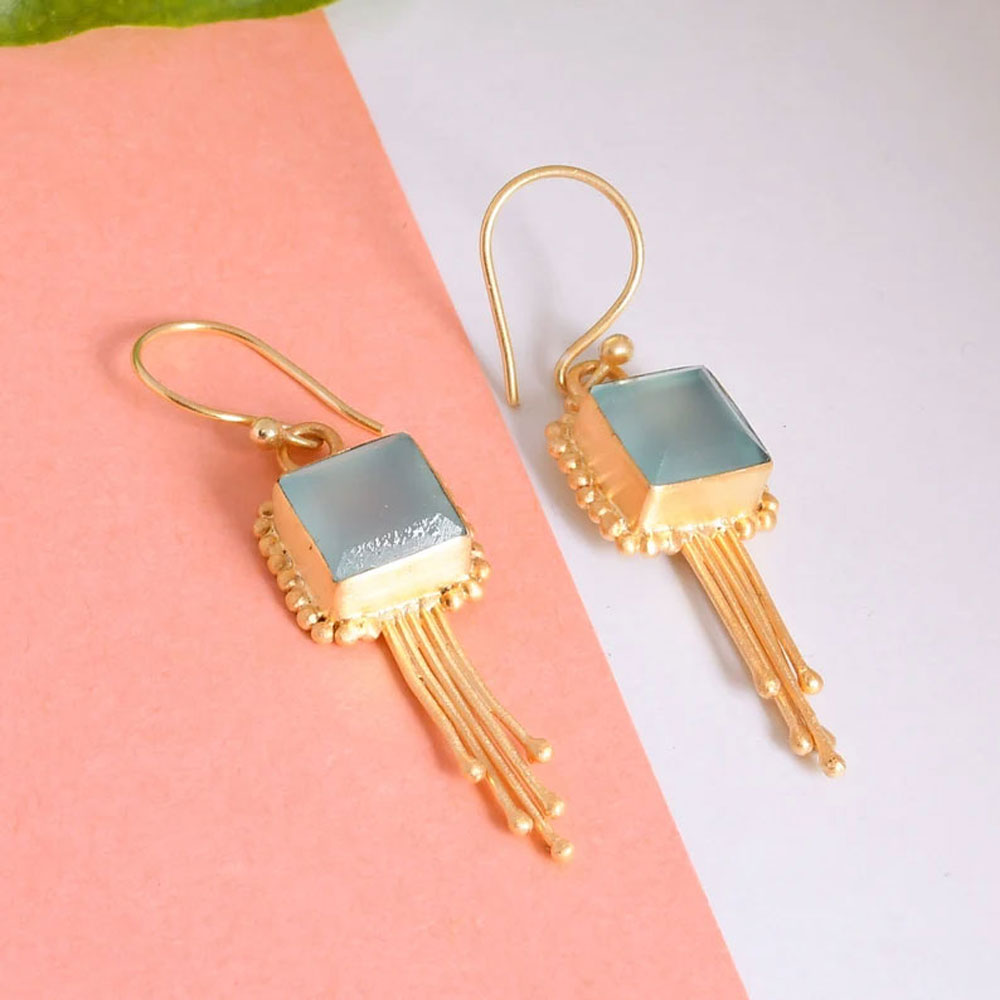 Designer Gold Plated Square Blue Chalcedony Fringe Earrings