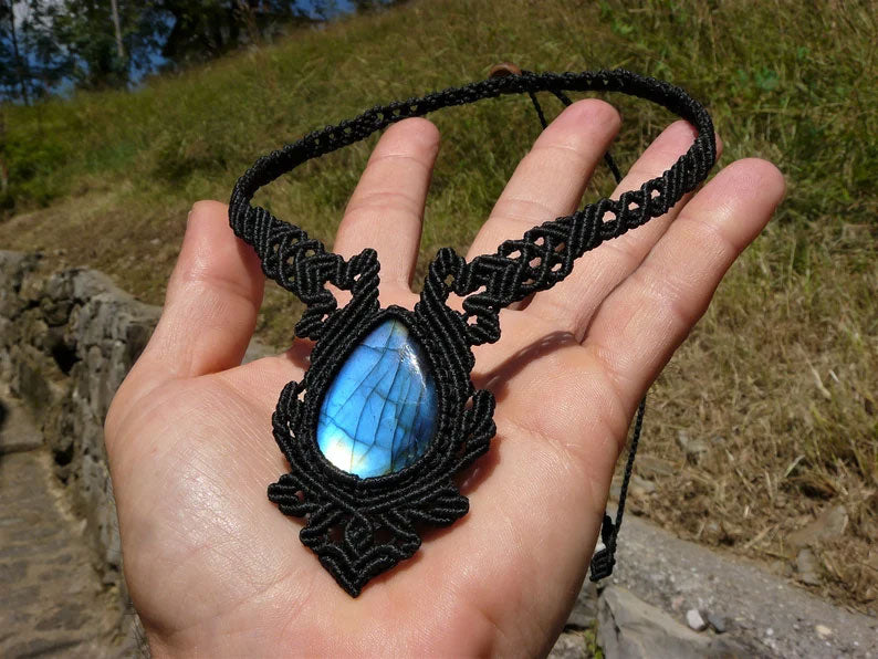 Blue Labradorite Macrame Teardrop Necklace | Boho Chic