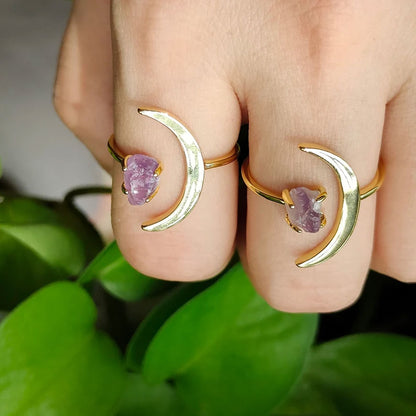 Trendy 2025 Half Moon Shape 15mm 925 Sterling Silver Gold Plated Ring With Amethyst Raw Gemstone Crafted By Hand Jewelry Fine Ring Prong Setting For Anniversary Gift's Women or Men Jewelry For Her