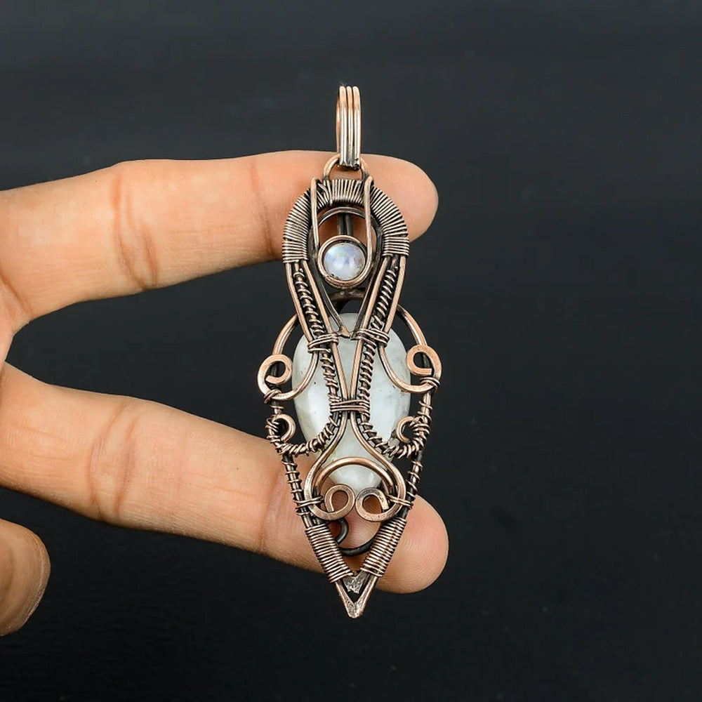 Awesome Handmade Copper/Brass Bezel With Wire Wrapped Pendant Pear Shape 25To30MM Rainbow Moonstone Pendant For Happy Birthday Gift's