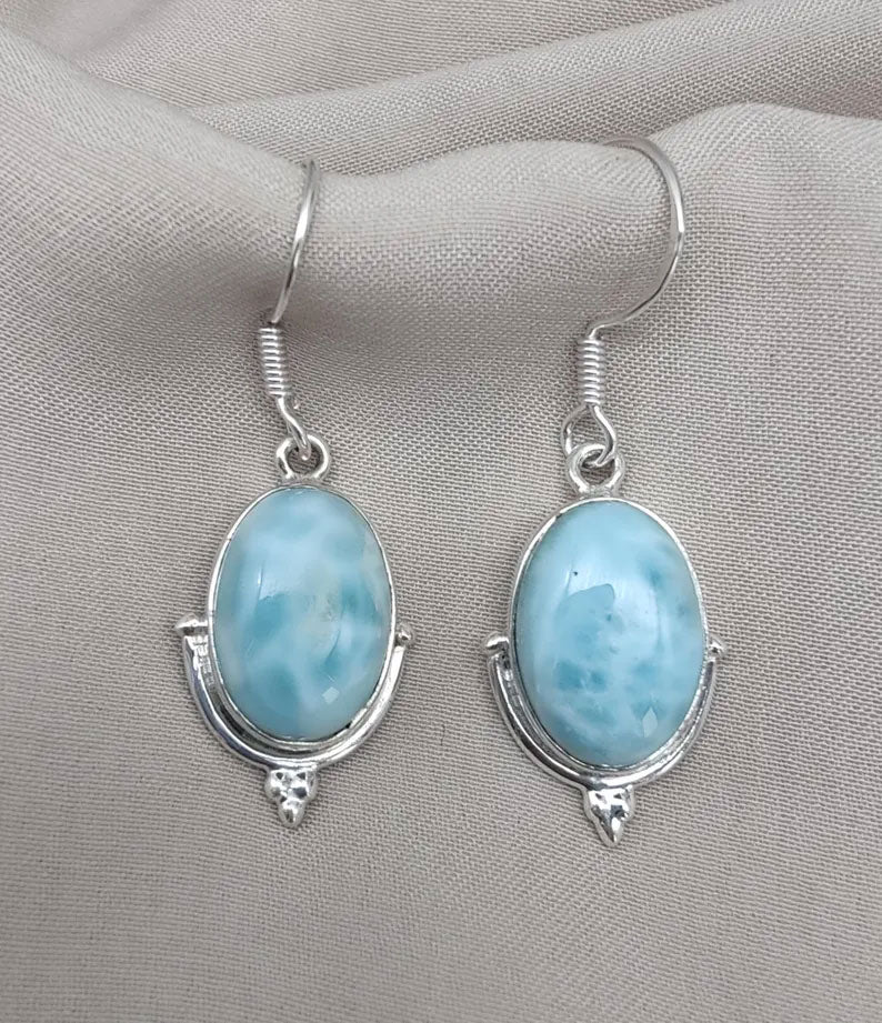 2025 Trendy Sterling Silver Dangle Pair Earring 10X14MM Oval Shaped Larimar Gemstone Bezel Setting For Anniversary Gift Women or Men Jewelry For Her
