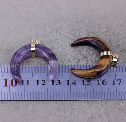 OX-Horn Pendant Natural Crescent Moon Pendants 12mm Natural Multi Color Gemstone 925 Sterling Silver Bezel Set Anniversary Gift's Women or Men Jewelry For Her