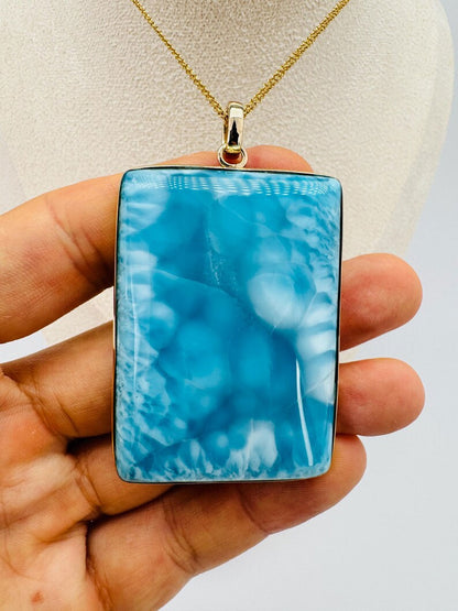 Natural Larimar Gemstone Brass Pendant Rectangle Shape