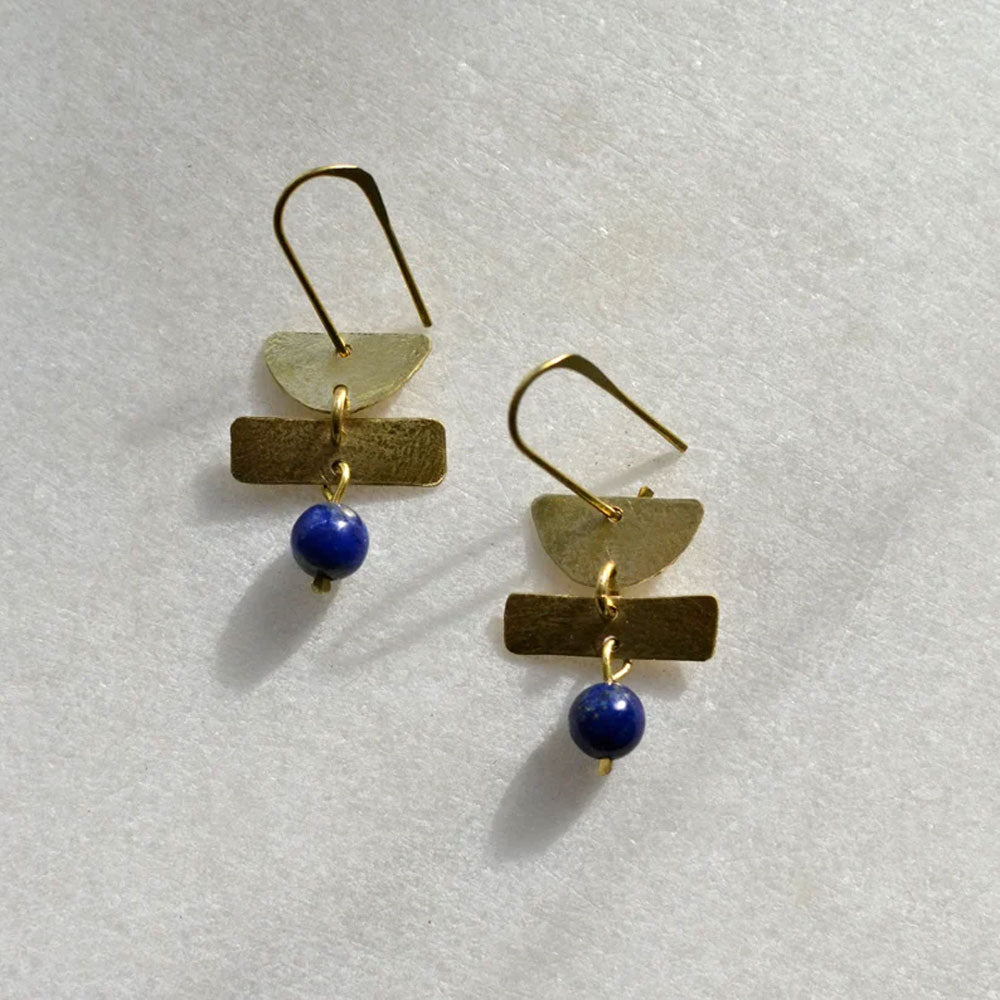 Lapis Lazuli Geometric Earrings | Handmade Brass Jewelry