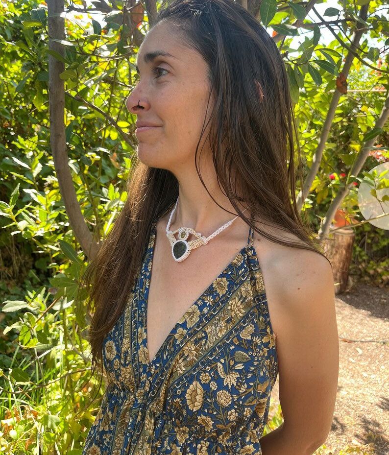 White & Gold Macrame Dual-Stone Necklace | Hari Om Creations