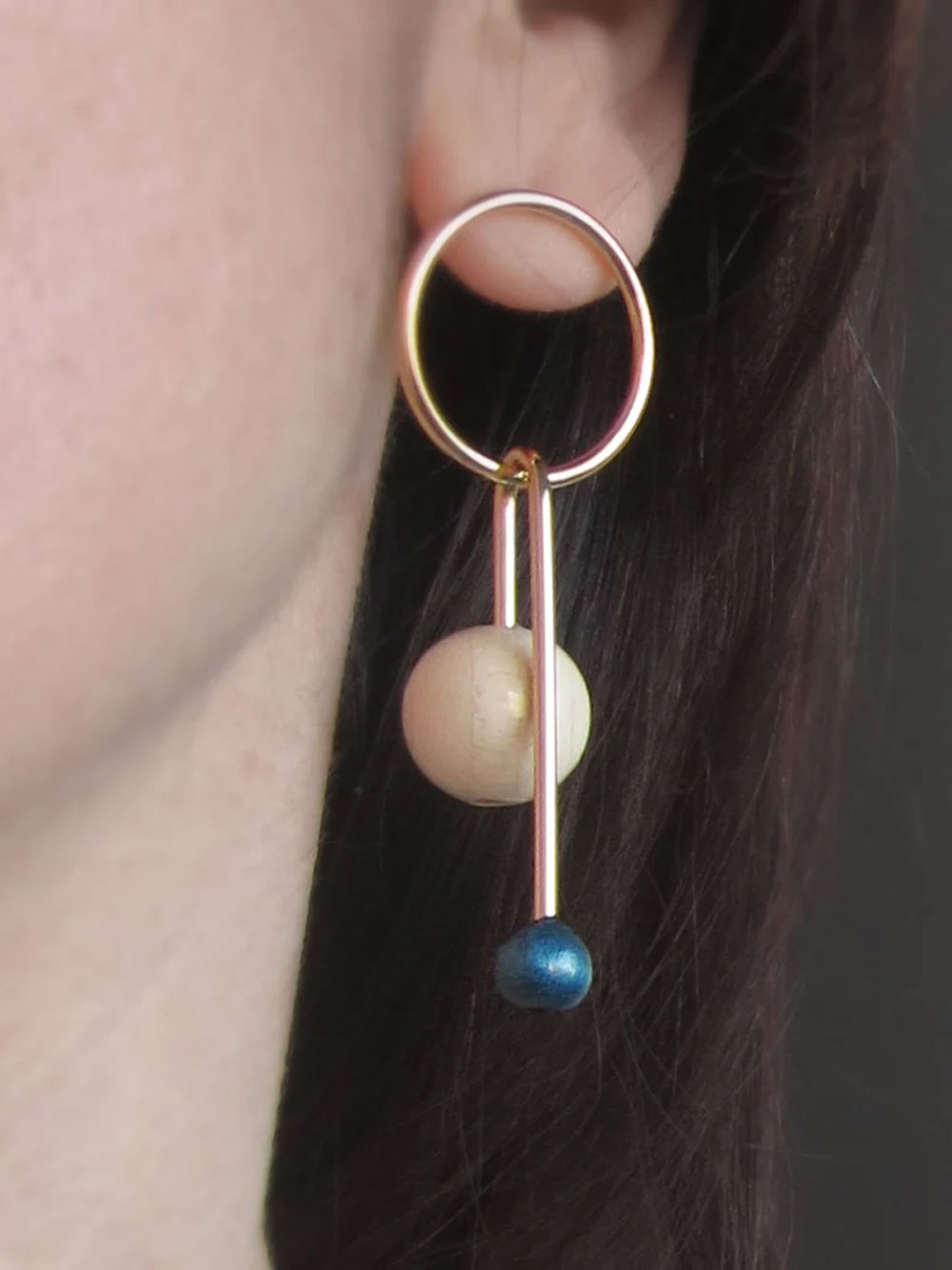 Modern Hoop Earrings with Wood & Blue Beads | Gold Plated