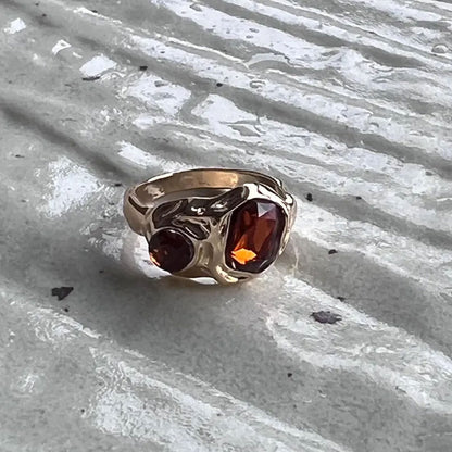 Gold Organic Band Ring with Dual Garnet Gemstones