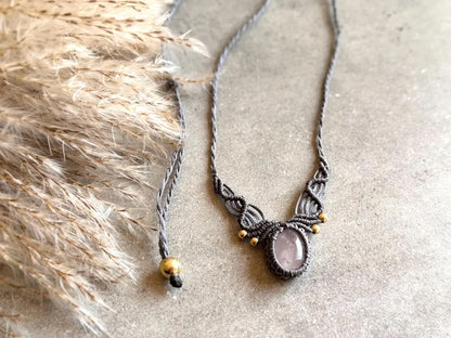 Crafted By Hand Macrame Necklace Oval Shape 15To20MM Approx Rose Quartz Gems Jewelry Awesome Necklace Gray Color Threads Bezel Set For Happy Birthday Gift Women Jewelry