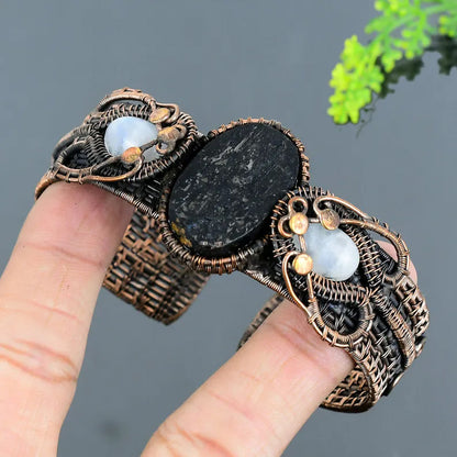 Handmade 25t030MM Oval Shape Black Druzy Stone With 10To15MM Rainbow Moonstone Copper Adjustable Bracelet Bezel With Copper Wire Wrapped Set Fashion Bracelet For Women Gift's