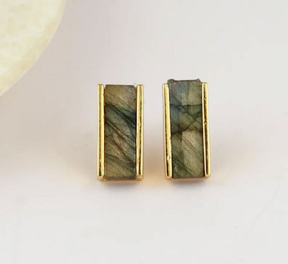 Natural Labradorite Bar Stud Earrings | Modern Gold Settings