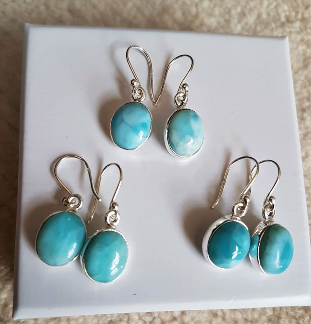 Handmade Larimar Gemstone Silver Dangle Pair Earrings