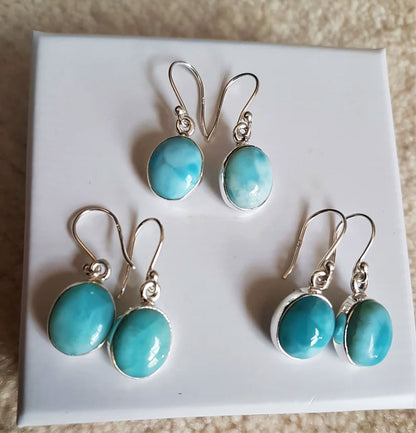 Handmade Larimar Gemstone Silver Dangle Pair Earrings